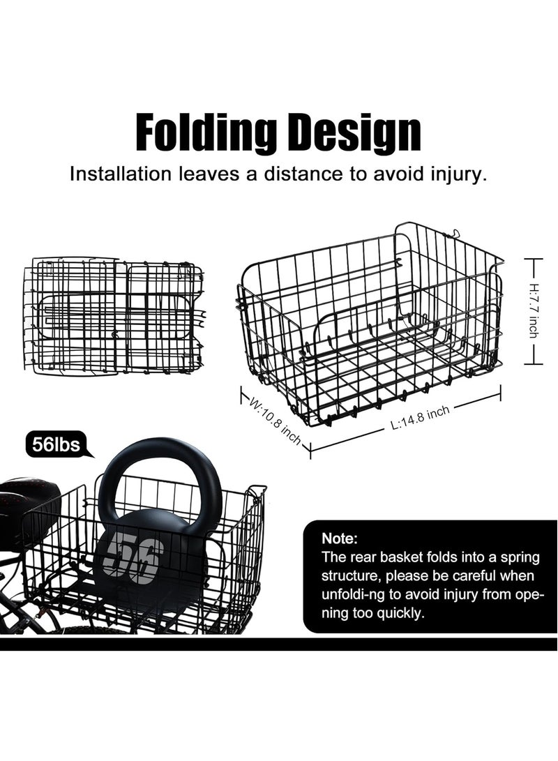 DUNISO Rear Bike Basket, Large Bicycle Basket With Reflective Waterproof Cover, Foldable Metal Wire Bicycle Baskets For Bike Rear Cargo Rack Black (14.8*10.8*7.7 in) - Image 2
