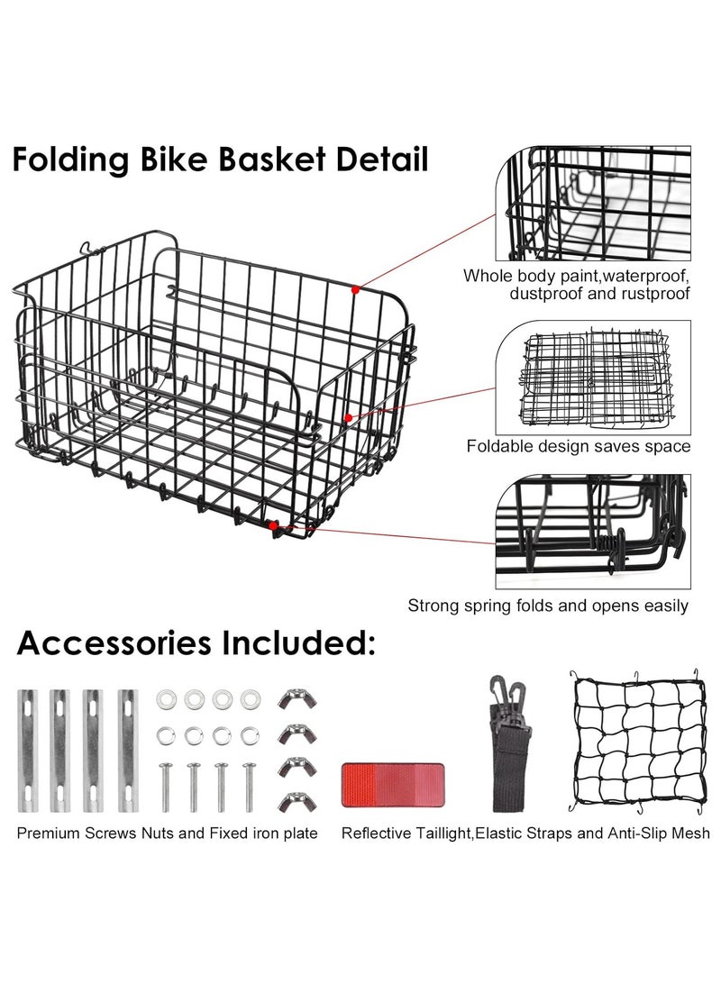 DUNISO Rear Bike Basket, Large Bicycle Basket With Reflective Waterproof Cover, Foldable Metal Wire Bicycle Baskets For Bike Rear Cargo Rack Black (14.8*10.8*7.7 in) - Image 5