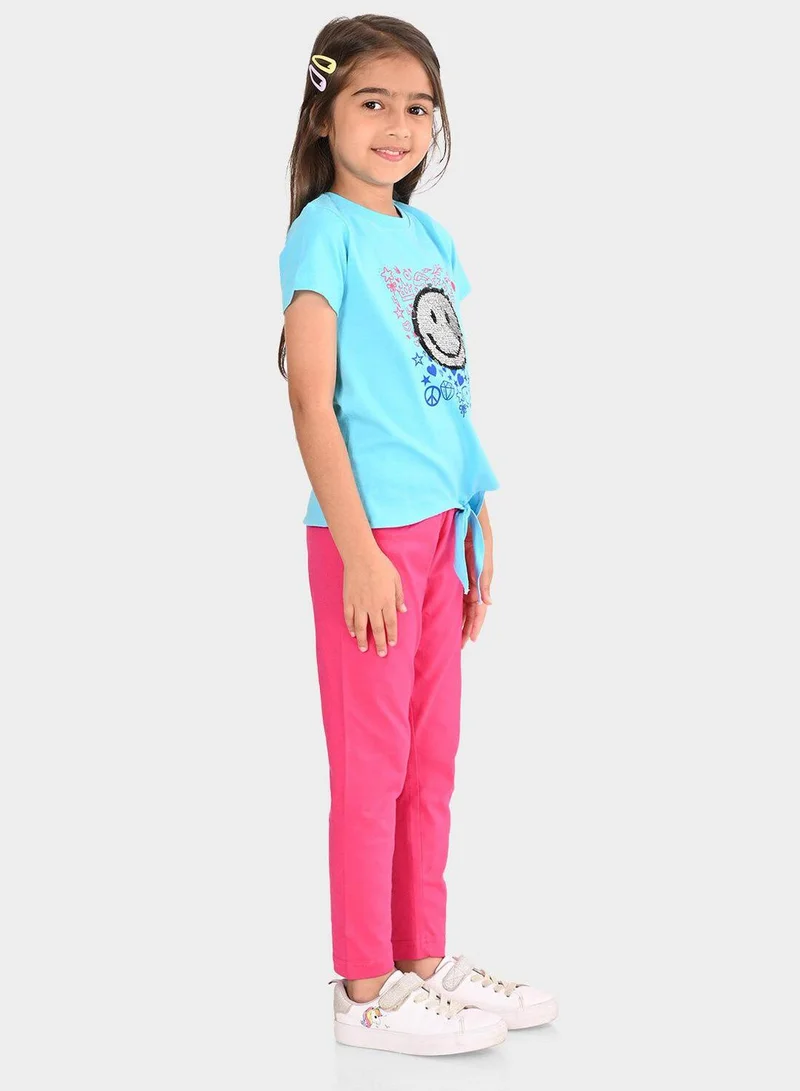 Bonkids Regular Fit Printed Sea Blue Pink Cotton Sets For Girls Round Neck Flat Collar Pull On 100 % Cotton