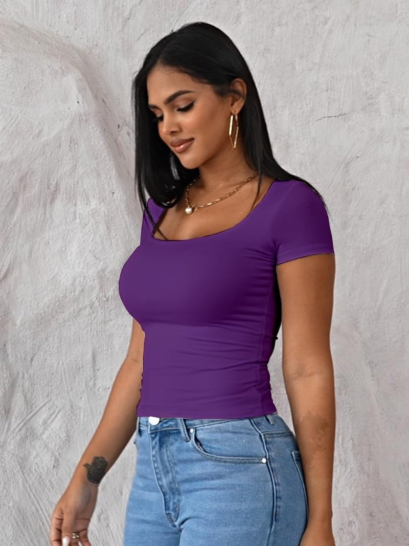 Dwnval Womens Summer Sexy Square Neck Tops Double Lined Short Sleeve Shirts Slim Fit Crop Top(Dark Purple, S) - Image 3