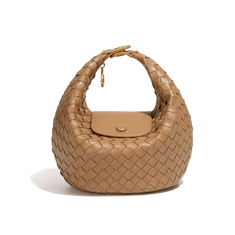 Vintage French-style handmade woven dumpling bag, soft leather shoulder crossbody bag, beige and cream, lightweight and versatile lunchbox bag for daily use - Image 1