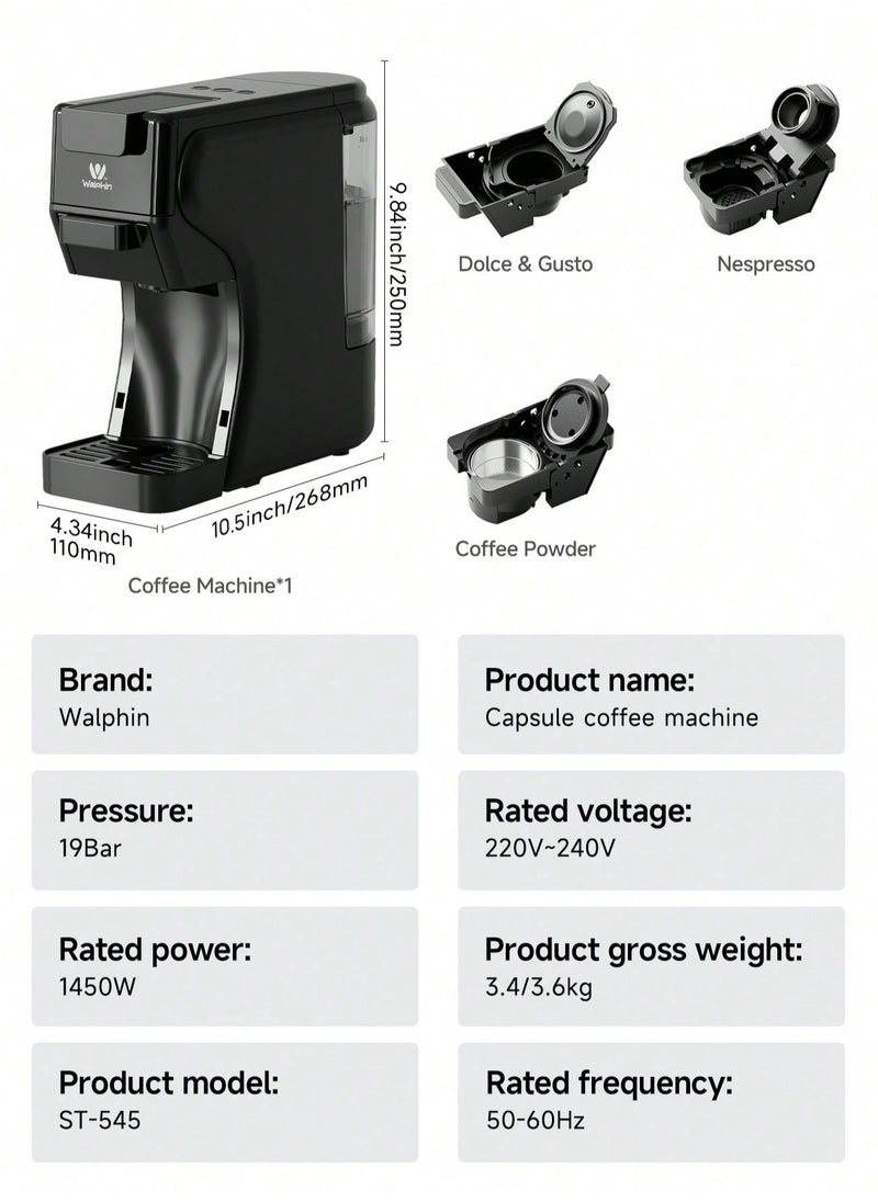 Walphin - 3in1 Coffee Maker19Bar Multicapsule Espresso Coffee Machine Cold and Hot Brewing Espresso Coffee Maker Cappuccino&Latte Maker for Dolce Gusto/Nespresso Original/GroundCoffee - Image 1
