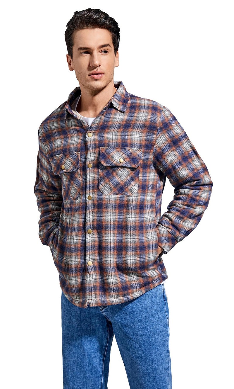 Puwasa Men's Flannel Shirt Jacket Fleece Lined Lightweight Jacket Work Button Up Coat for Men Orange X-Large - Image 3
