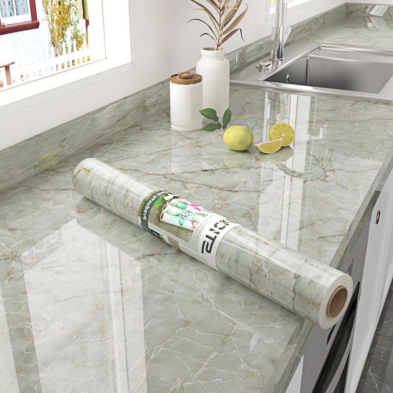 STICKEEP Gold Green Marble Contact Paper Counter Top Peel and Stick Waterproof Marble Wallpaper Removable Marble Contact Paper for Countertops Dresser Kitchen Cabinets Bathroom Table 17.7"x315" - Image 1