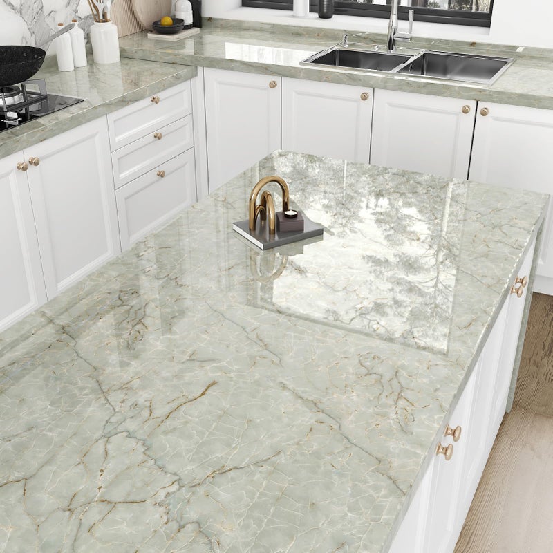 STICKEEP Gold Green Marble Contact Paper Counter Top Peel and Stick Waterproof Marble Wallpaper Removable Marble Contact Paper for Countertops Dresser Kitchen Cabinets Bathroom Table 17.7"x315" - Image 2