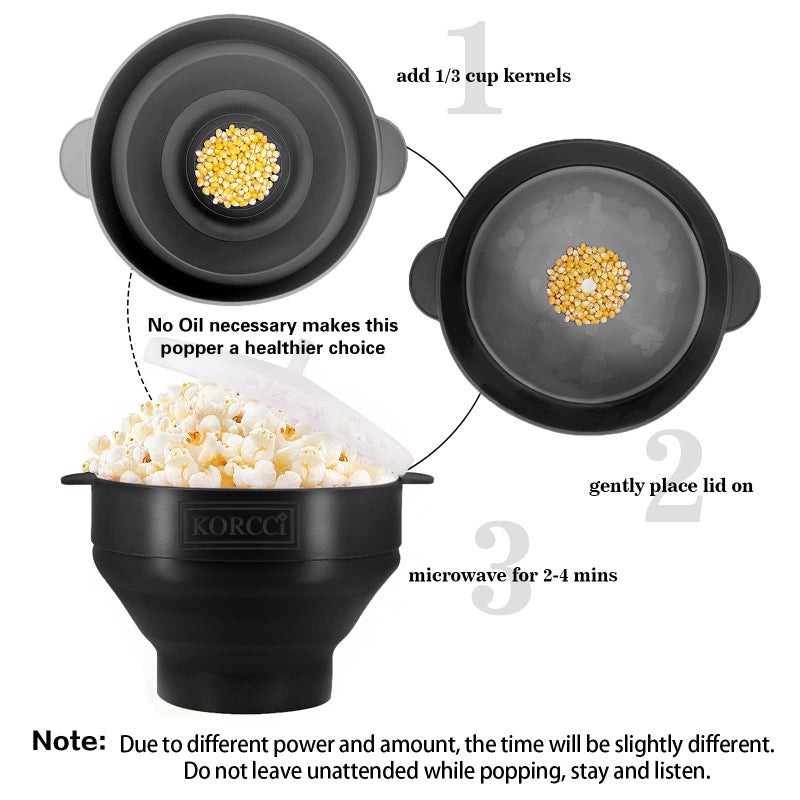 KORCCI The Original Korcci Microwaveable Silicone Popcorn Popper, BPA Free Microwave Popcorn Popper, Collapsible Microwave Popcorn Maker Bowl, Dishwasher Safe - Black - Image 4