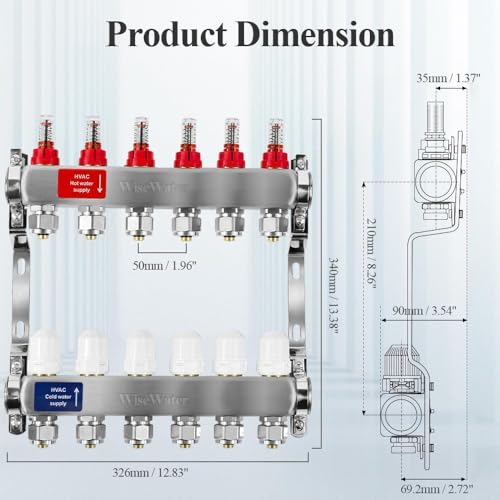 AB Radiant Heat Manifold, 6 Loop PEX Tubing Manifolds with Compatible Outlets, for Hydronic Radiant Floor Heating(1/2" connectors included) - Image 4