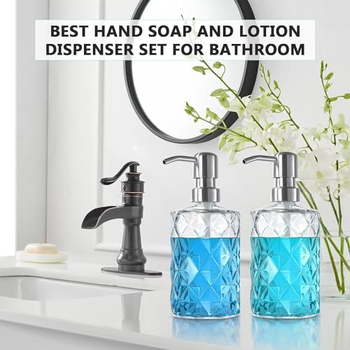Luxansa Pack of 2 Clear Glass Liquid Soap Dispenser Set for Bathroom, Wash Basin Hand wash Accessories Bottle, Handwash Dispenser with Press Pump Bottle, Sanitizer Dispenser for Kitchen - Image 3