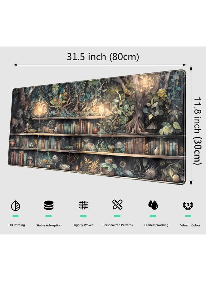 DCJJM Kawaii Green Tree Desk Mat Cute Mouse Pad Anime Forest Library Book Mousepad XL Large Extended Gaming Desk Matt for Desktop, Keyboard and Mouse Mat for Women Office Decor Accessories 31.5x11.8 in - Image 2