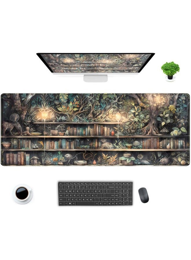 DCJJM Kawaii Green Tree Desk Mat Cute Mouse Pad Anime Forest Library Book Mousepad XL Large Extended Gaming Desk Matt for Desktop, Keyboard and Mouse Mat for Women Office Decor Accessories 31.5x11.8 in - Image 1