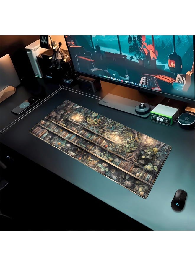 DCJJM Kawaii Green Tree Desk Mat Cute Mouse Pad Anime Forest Library Book Mousepad XL Large Extended Gaming Desk Matt for Desktop, Keyboard and Mouse Mat for Women Office Decor Accessories 31.5x11.8 in - Image 3