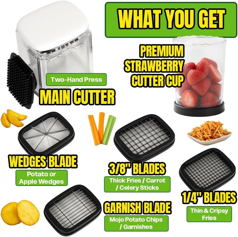 MHM All-in-One French Fry Cutter for Potatoes and Strawberry Slicer – 4 Blade Fruit & Vegetable Slicer, Premium Chopper with Wedge, Garnish, and Strawberry Cutter Cup - Image 2