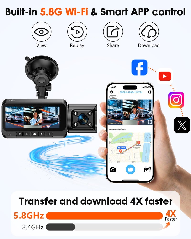 Befumly 3-Channel Dash Cam 4K for Car: Front, Rear & Inside Dash Camera with 5.8G WiFi & GPS - 24H Parking Mode, 64GB Card for Rideshare Driver - Image 4