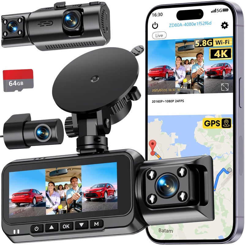 Befumly 3-Channel Dash Cam 4K for Car: Front, Rear & Inside Dash Camera with 5.8G WiFi & GPS - 24H Parking Mode, 64GB Card for Rideshare Driver - Image 1