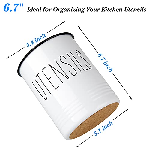 Bivvclaz Kitchen Utensil Holder, 6.7" Utensil Holder for Kitchen Counter, Cooking Utensil Crock with Cork Bottom, Modern Farmhouse Decor, Countertop Utensil Storage Caddy Organizer, White - Image 2
