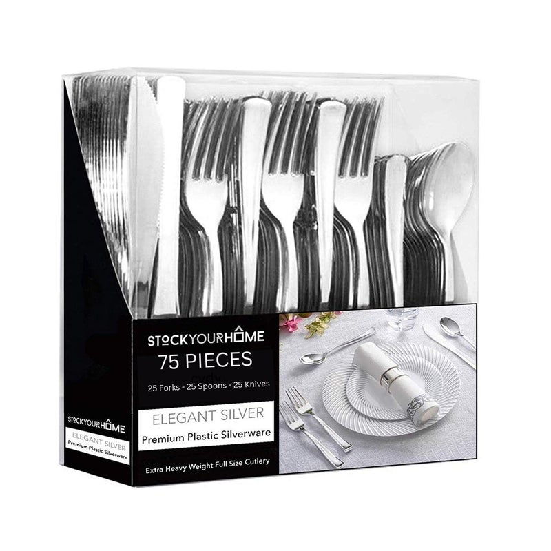 Stock Your Home 75 Pieces Heavy Duty Gold Plastic Silverware Set Disposable Cutlery Set Great for Parties Weddings and Catering Flatware Utensils Included 25 Forks 25 Spoons 25 Knives Stock Your Home