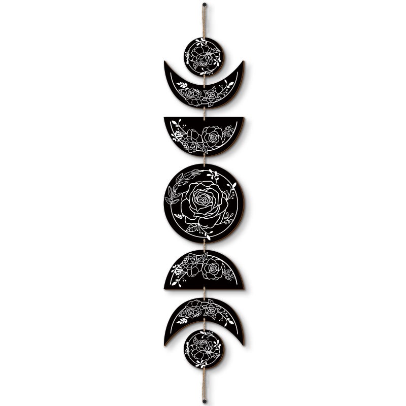 BBTO Boho Wall Decoration Moon Phases Wall Art Stars Moon Decoration Minimalist Room Wooden Gothic Witchy Door Pediments Hanging SignBlack White - Image 2