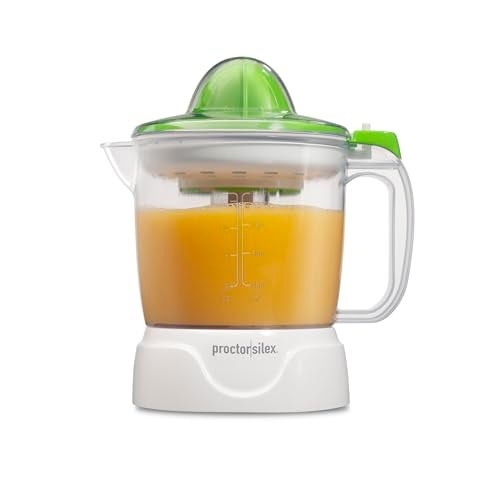 Proctor Silex Electric Citrus Juicer Machine Large 34 oz Pitcher Pressure Activated 2 Reamers for Big and Small Fruit Pulp Control for Orange Lemon Grapefruit Juice White Green 66340