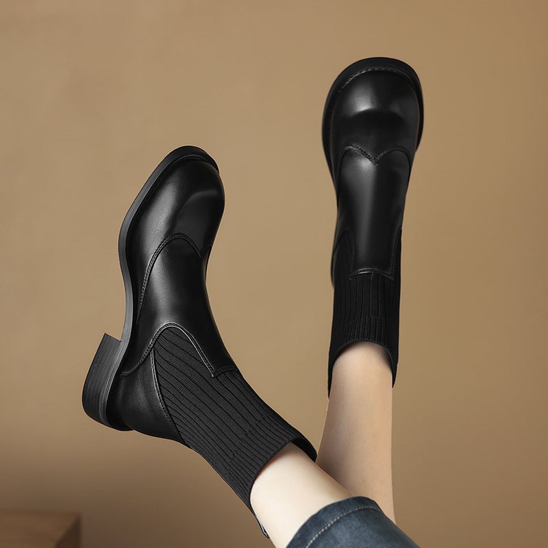New Winter Casual Low-Heeled Stitching 33-43 Plus Size Sleeve All-Match Low-Heeled Women'S Boots - Image 5