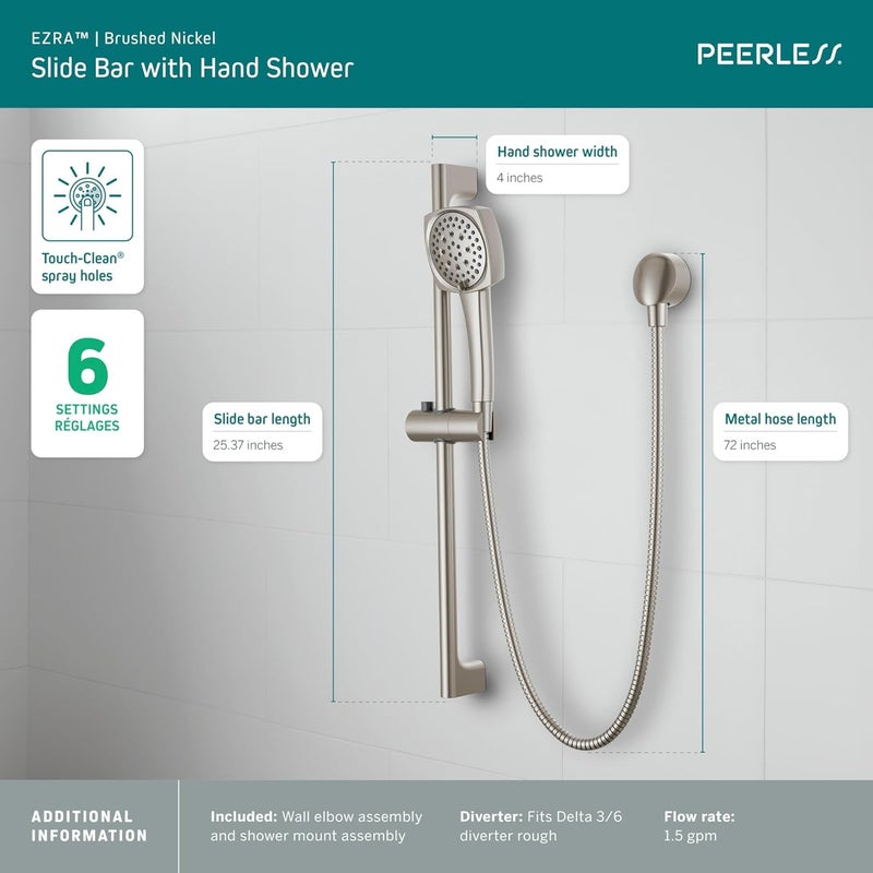 Peerless Ezra 6Setting Slide Bar Hand Held Shower with Hose Brushed Nickel Handheld Shower Head Slide Bar Hand Shower Handheld Shower Detachable Shower Head Brushed Nickel P62471BN - Image 3