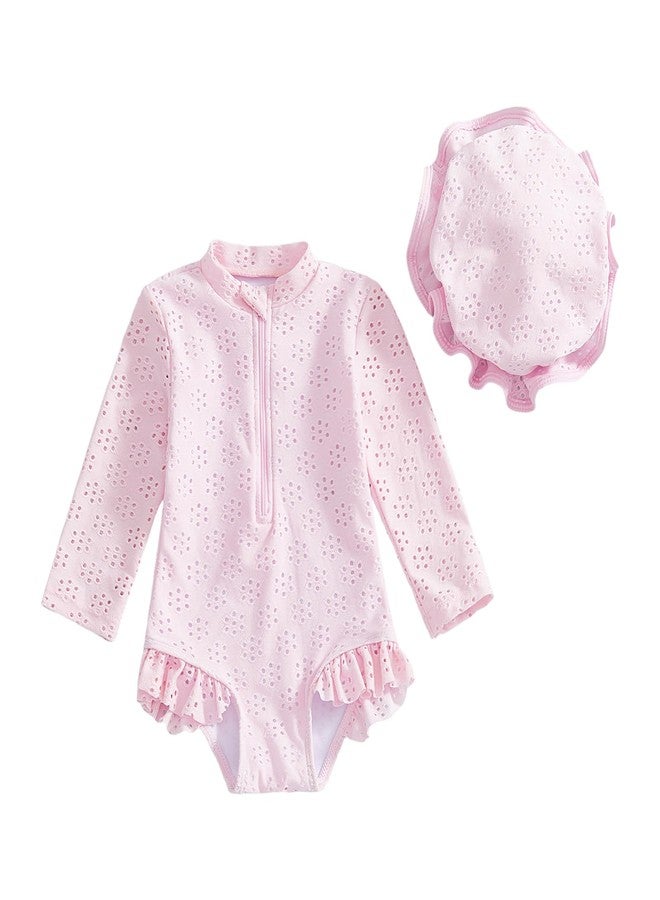 Yccutest Toddler Girl Solid Swimsuit Baby Long Sleeve Rash Guard Bathing Suit Girl One Piece Hollow Out Swimwear with Sun Hat (US, Age, 6 Months, 12 Months, Pink) - Image 1