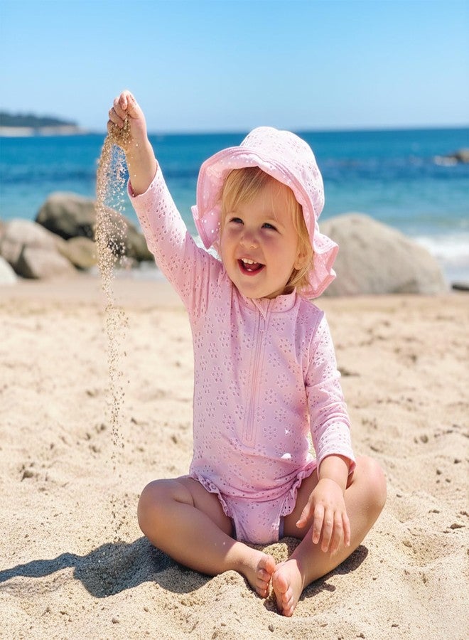 Yccutest Toddler Girl Solid Swimsuit Baby Long Sleeve Rash Guard Bathing Suit Girl One Piece Hollow Out Swimwear with Sun Hat (US, Age, 6 Months, 12 Months, Pink) - Image 2