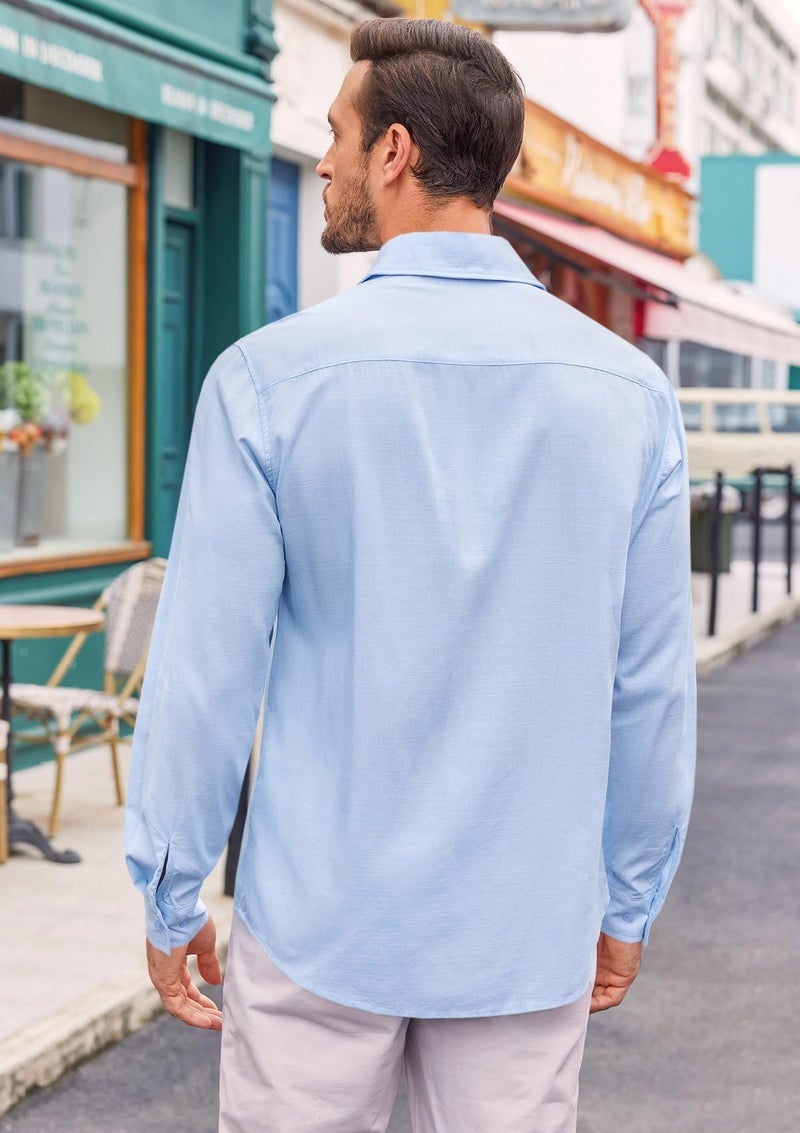 Runcati Mens Button Down Shirt Cotton Linen Casual Long Sleeve Shirts Collared Hippie Beach Tops Sky Blue - Image 4