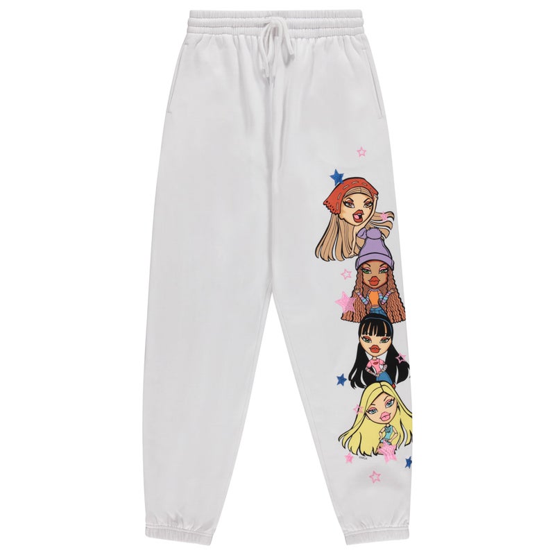 Bratz Ladies Original Dolls Joggers Yasmin Cloe Jade and Sasha Varsity Athletic Jogger Sweatpants 1990s Vintage Throwback Multi Print Sweatpants White Large