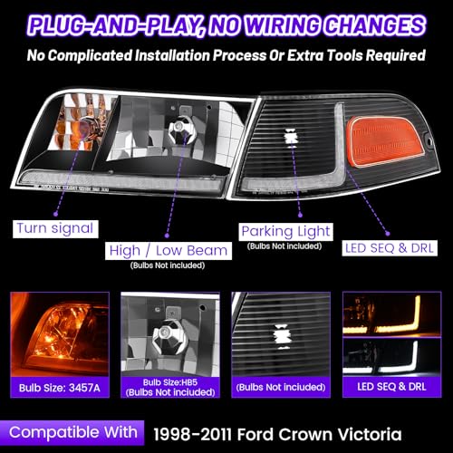 XGWZ Headlight Assembly LED DRL Compatible with 1998-2011 Ford Crown Victoria 98-11 Ford Crown Victoria w/Corner Headlamp (Black Housing Amber Reflector, B) - Image 2