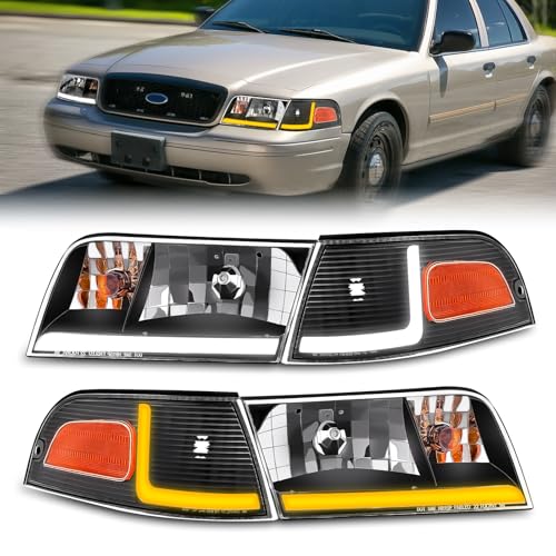 XGWZ Headlight Assembly LED DRL Compatible with 1998-2011 Ford Crown Victoria 98-11 Ford Crown Victoria w/Corner Headlamp (Black Housing Amber Reflector, B) - Image 1