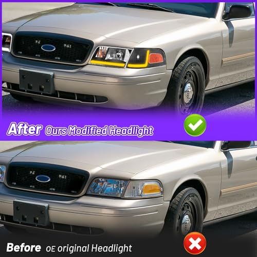 XGWZ Headlight Assembly LED DRL Compatible with 1998-2011 Ford Crown Victoria 98-11 Ford Crown Victoria w/Corner Headlamp (Black Housing Amber Reflector, B) - Image 5