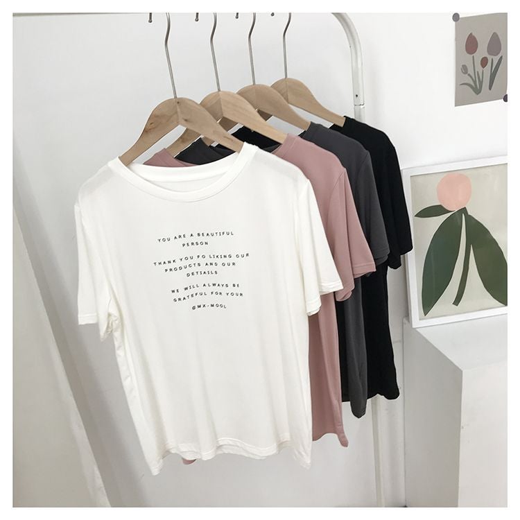 Modal Letter Short-Sleeved T-Shirt Women'S Summer Loose All-Match Artistic Fresh Harajuku Style Half-Sleeved Top - Image 1