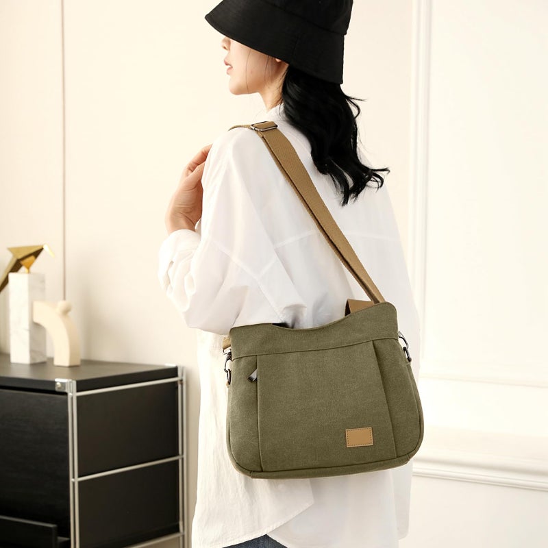 Sunshinejing Women's Canvas Purse Small Shoulder Tote Work Crossbody Bag Multi-pocket Handbag (Khaki) - Image 2