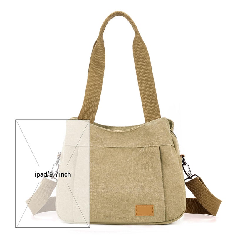 Sunshinejing Women's Canvas Purse Small Shoulder Tote Work Crossbody Bag Multi-pocket Handbag (Khaki) - Image 4