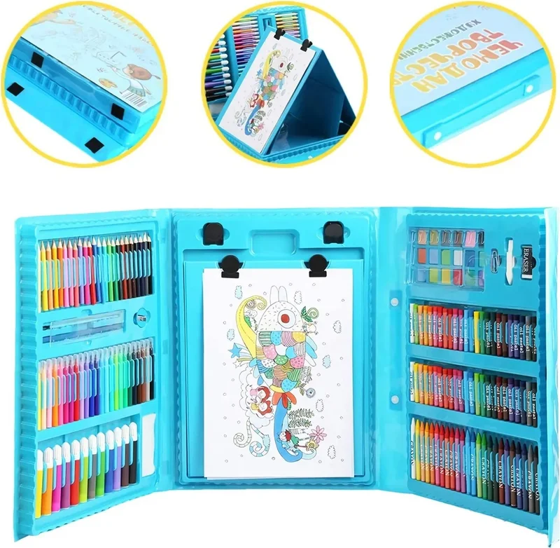 ام جي تويز 208 Pieces Children's Painting Set Stationery Box Brush Set Pencil Crayon Blue