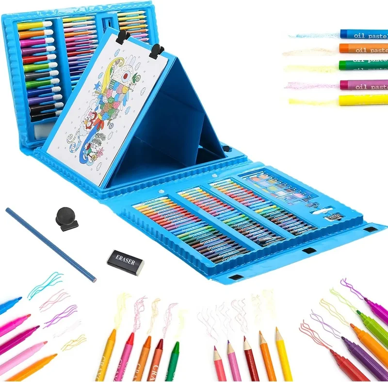 ام جي تويز 208 Pieces Children's Painting Set Stationery Box Brush Set Pencil Crayon Blue