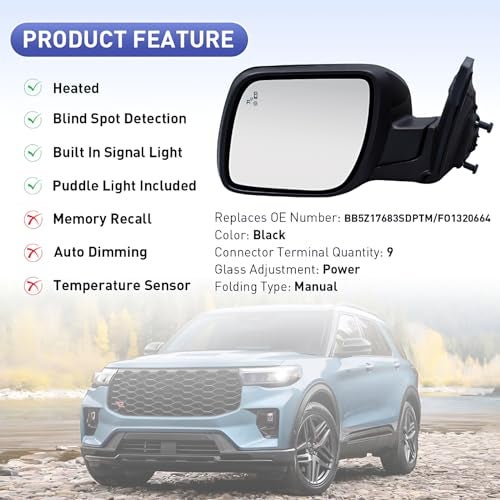VMDCcdz Driver Side Mirror Compatible with Ford Explorer 2011-2019 with Blind Spot Light Turn Signal Light Puddle Light Heated Power Glass 9-Pins Rear View Door Mirror - Image 3