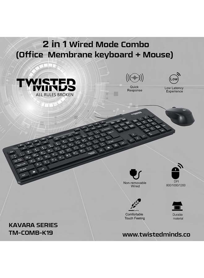 Twisted Mind K19 Kavara Series Combo TM‑K19‑KAVARA Wired Keyboard & Mouse 114‑Key Compact Full Layout Adjustable DPI Mouse, English & Arabic Layout Multimedia Keys, Lightweight - Image 2