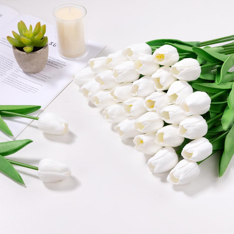 U'Artlines 30Pcs Fake Tulips Artificial Flowers with Stems Faux Tulips Bouquet Real Touch Flower for Wedding Home Kitchen Spring Easter Mother's Day Floral Arrangement Decor (White) - Image 5