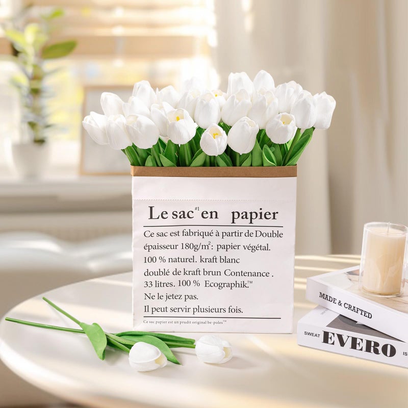 U'Artlines 30Pcs Fake Tulips Artificial Flowers with Stems Faux Tulips Bouquet Real Touch Flower for Wedding Home Kitchen Spring Easter Mother's Day Floral Arrangement Decor (White) - Image 3