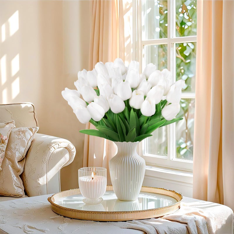 U'Artlines 30Pcs Fake Tulips Artificial Flowers with Stems Faux Tulips Bouquet Real Touch Flower for Wedding Home Kitchen Spring Easter Mother's Day Floral Arrangement Decor (White) - Image 2