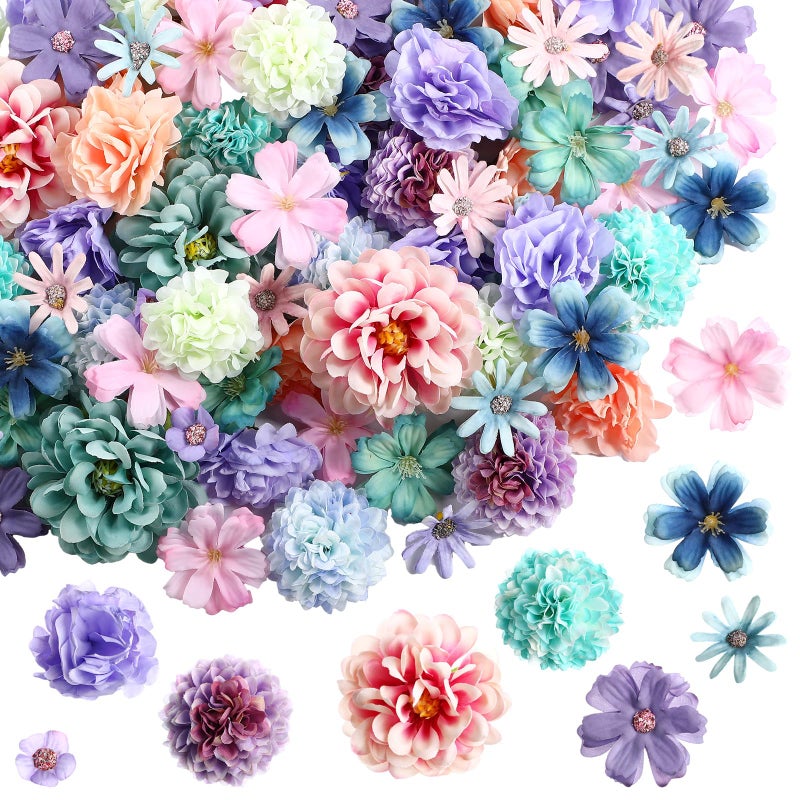 Cindeer 200 Pcs Fake Flower Heads for Crafts Mini Silk Flower Heads Faux Rose Artificial Daisy Blossom Heads Decorative Flowers for Home Bride Bridesmaid Wedding Centerpieces 27 cmBlue Purple - Image 2