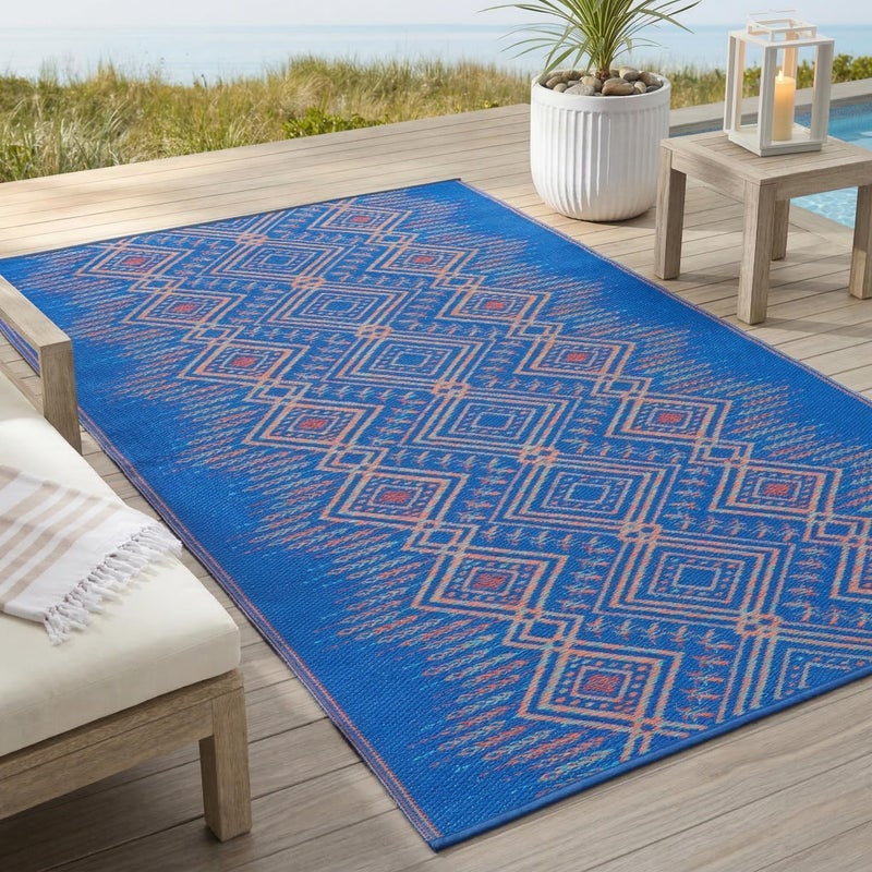 Fab Habitat Outdoor Rug - Waterproof, Fade Resistant, Crease-Free - Premium Recycled Plastic - Boho Southwestern - Porch, Deck, Balcony, Laundry Room, Patio - Jodhpur - Multi Blue - 3 x 5 ft - Image 1