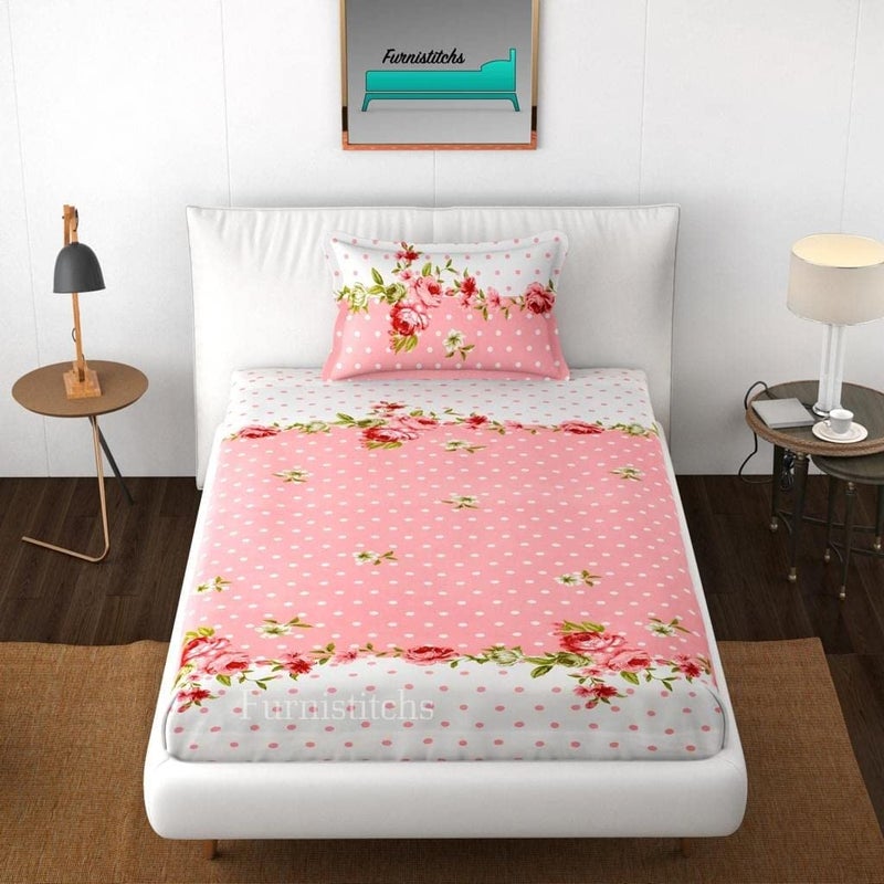 Furnistitchs Furnistitchs Glace Cotton Elastic Bedsheet Single Bed with 1 Pillow Cover Single Fitted Bedsheet 36x72 Boxes Blue 36x72 Pink  - Image 1