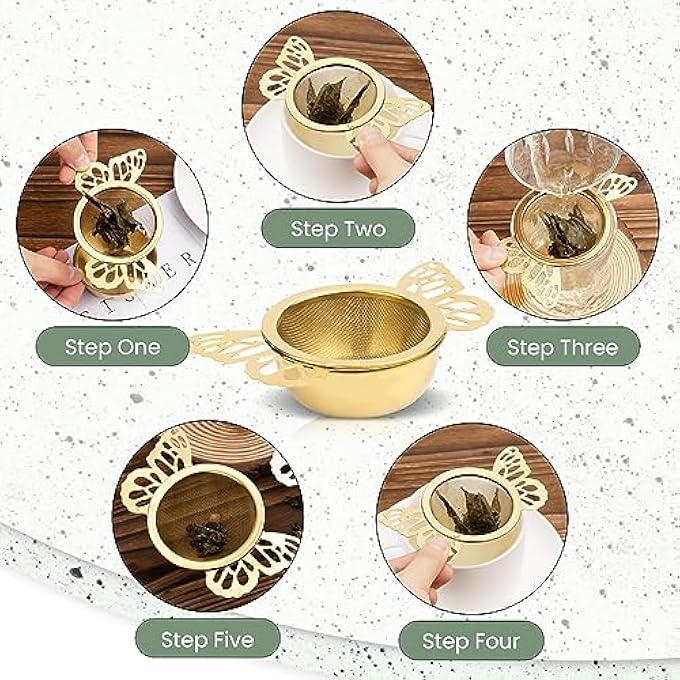 SYOSI 2 Pieces Tea Strainers With Drip Bowl Fine Mesh Stainless Steel Loose Leaf Tea Filter With Butterfly Handle Reusable Tea Interval Diffuser For Loose Leaf Coffee Herbal Spice Juice Filter Gold - Image 5