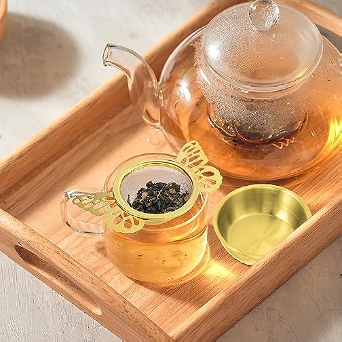 SYOSI 2 Pieces Tea Strainers With Drip Bowl Fine Mesh Stainless Steel Loose Leaf Tea Filter With Butterfly Handle Reusable Tea Interval Diffuser For Loose Leaf Coffee Herbal Spice Juice Filter Gold - Image 4