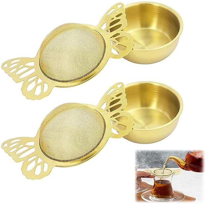 SYOSI 2 Pieces Tea Strainers With Drip Bowl Fine Mesh Stainless Steel Loose Leaf Tea Filter With Butterfly Handle Reusable Tea Interval Diffuser For Loose Leaf Coffee Herbal Spice Juice Filter Gold - Image 2