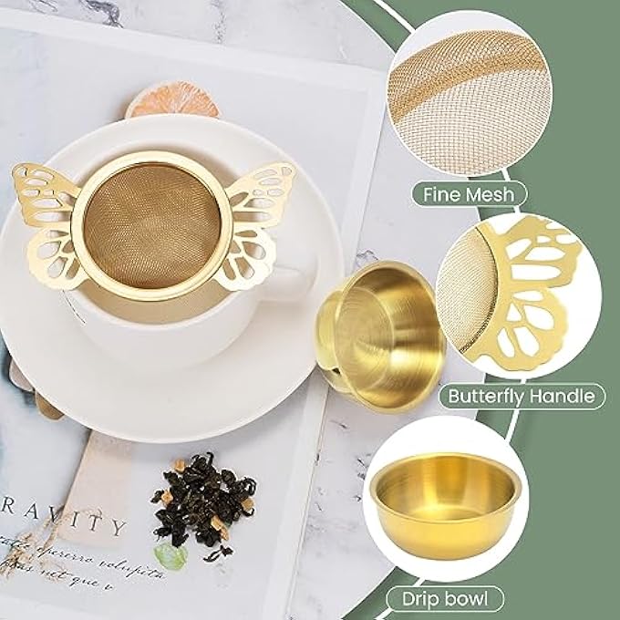 SYOSI 2 Pieces Tea Strainers With Drip Bowl Fine Mesh Stainless Steel Loose Leaf Tea Filter With Butterfly Handle Reusable Tea Interval Diffuser For Loose Leaf Coffee Herbal Spice Juice Filter Gold - Image 3