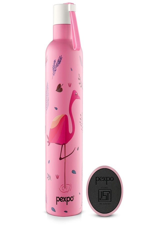 Pexpo Water Bottle 750ml Stainless Steel | Hot and Cold Flask | ISI Certified Steel Bottle | 3 Layer Insulation | Leakproof | for Home, Office, School | 1-Year Warranty | Oslo | Pink - Flamingo Bird - Image 1