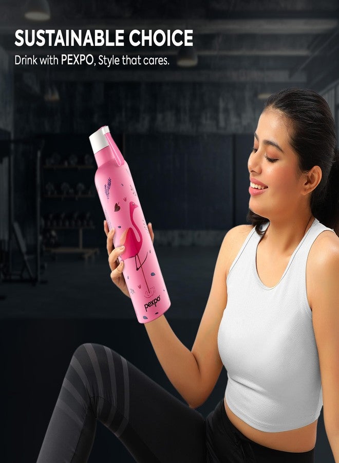 Pexpo Water Bottle 750ml Stainless Steel | Hot and Cold Flask | ISI Certified Steel Bottle | 3 Layer Insulation | Leakproof | for Home, Office, School | 1-Year Warranty | Oslo | Pink - Flamingo Bird - Image 4